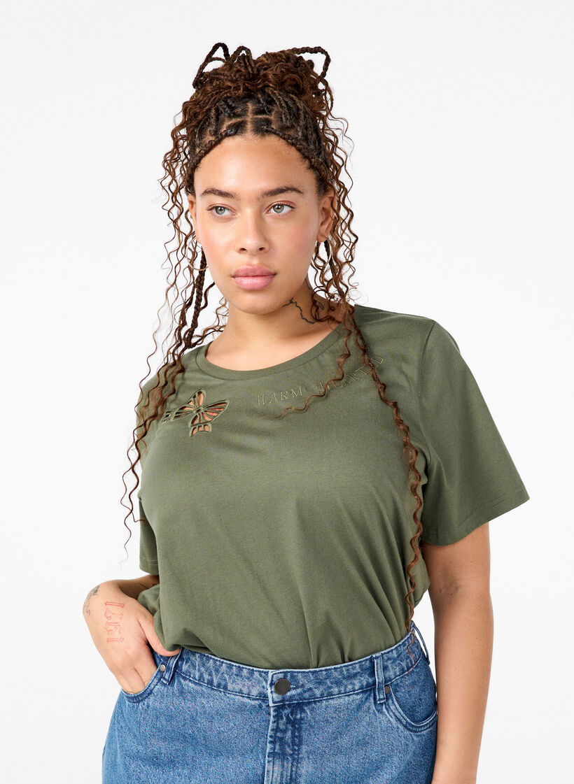 T-skjorte i økologisk bomull med sløyfedetaljer, Thyme, Model image number 0