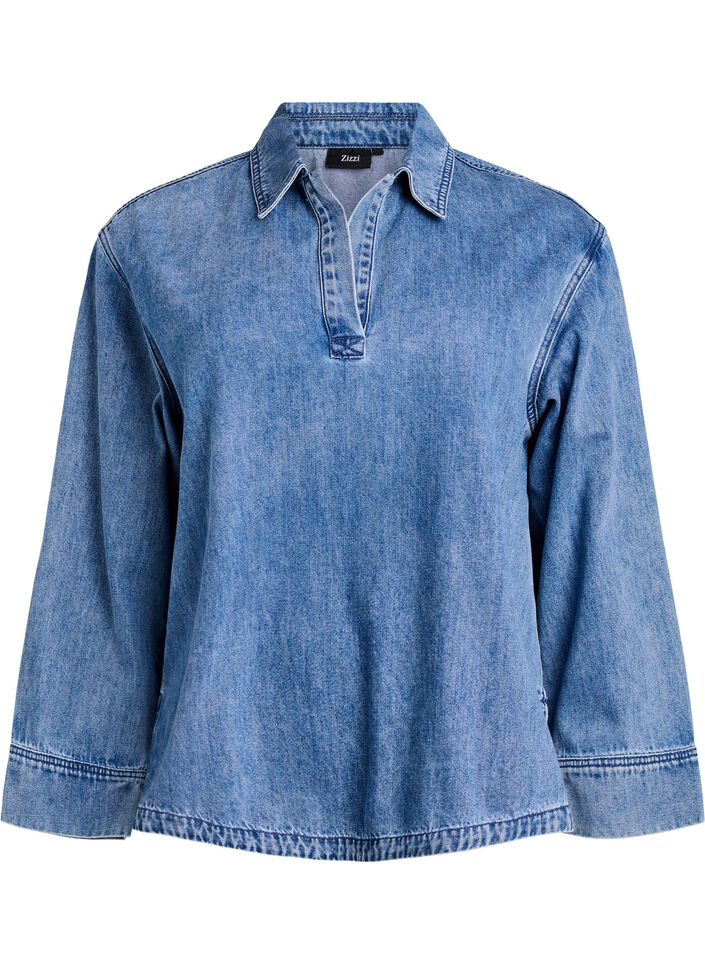 Loose fit denim bluse med krage og V-hals, Blå, Packshot image number 0