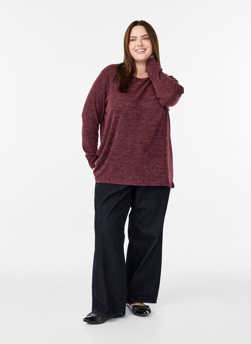 Langermet bluse med tekstur, M&oslash;rk Bordeaux, Model image number 1
