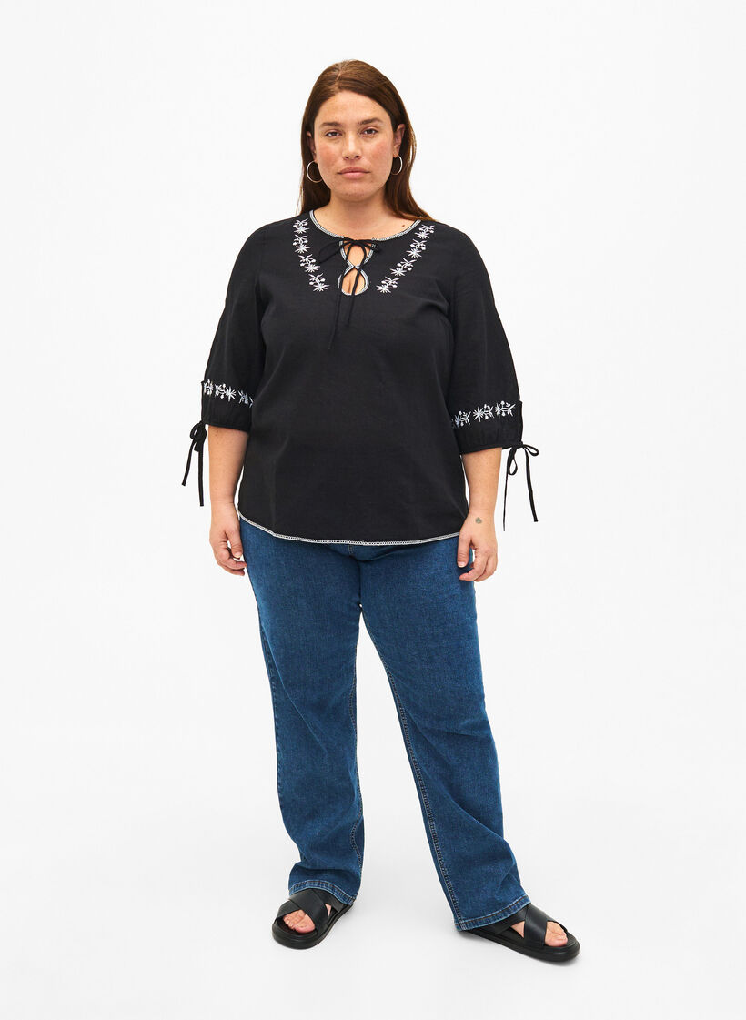 Brodert bluse i bomullsblanding med lin, Black W. EMB, Model image number 2