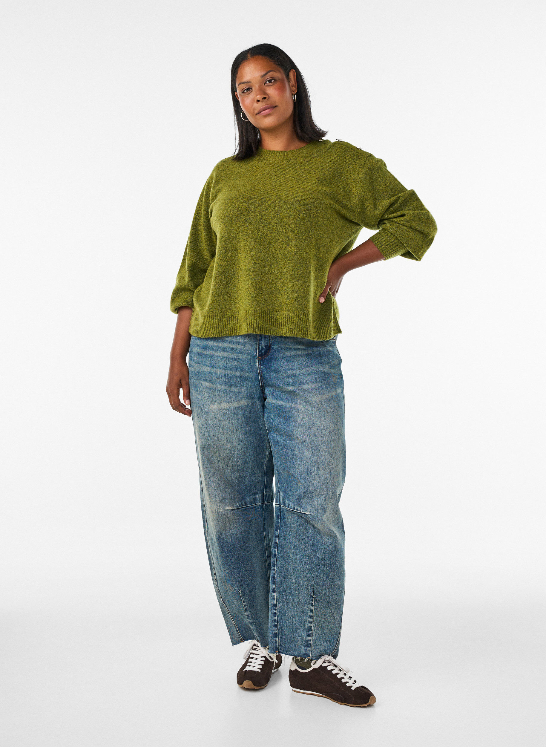 ZizziStrikket bluse med knappdetalj, Gr&oslash;nn, Model image number 1