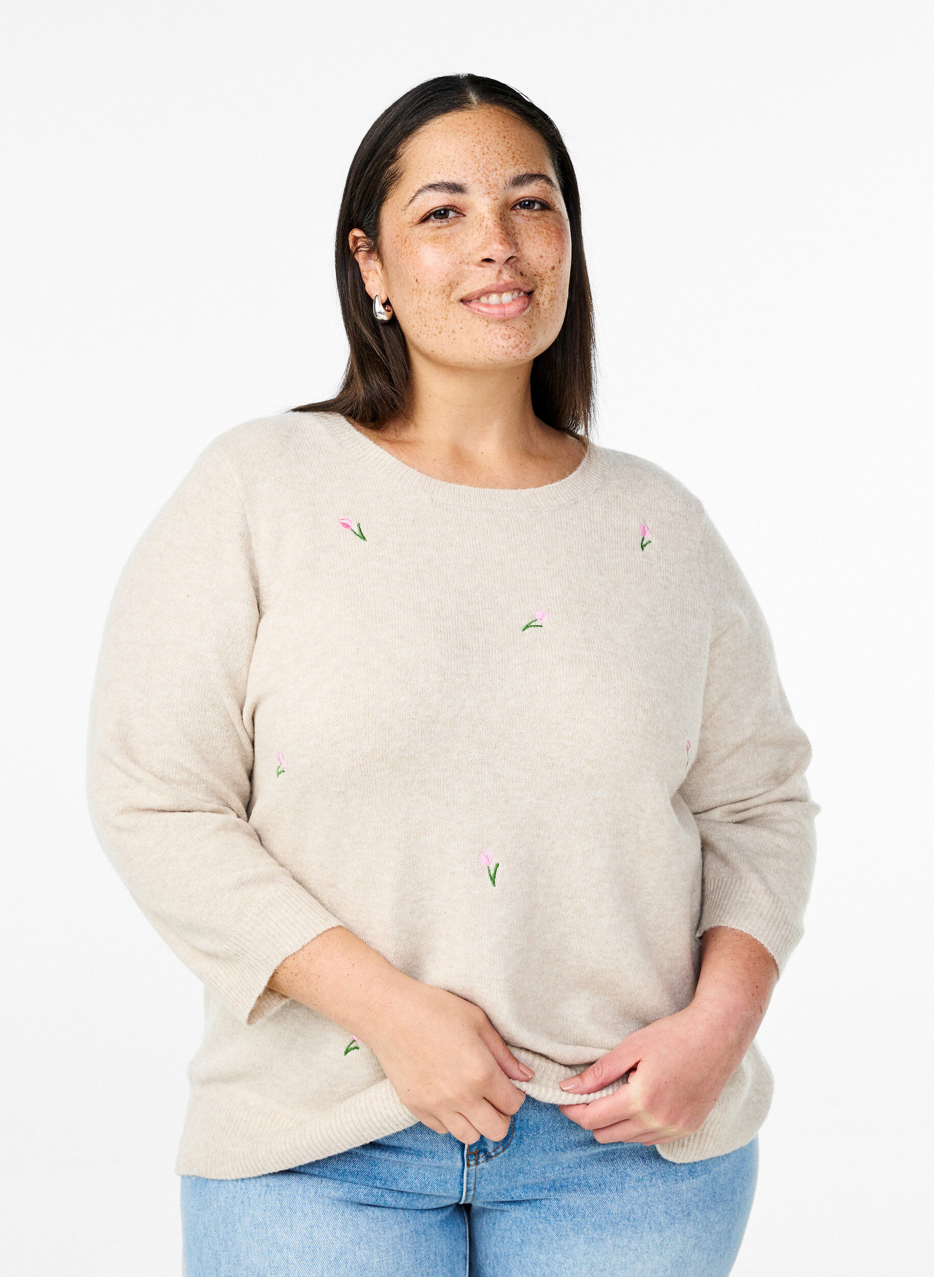 Zizzi Strikket bluse med blomster og 3/4 ermer, Pumice Stone Mel., Model image number 0