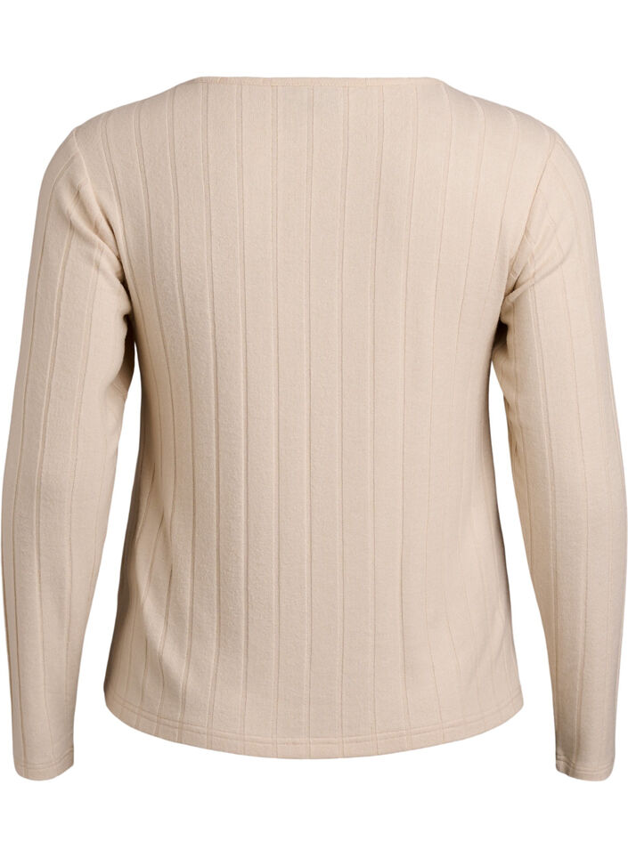 Jerseybluse med firkantet hals og ribbet tekstur, Beige, Packshot image number 1