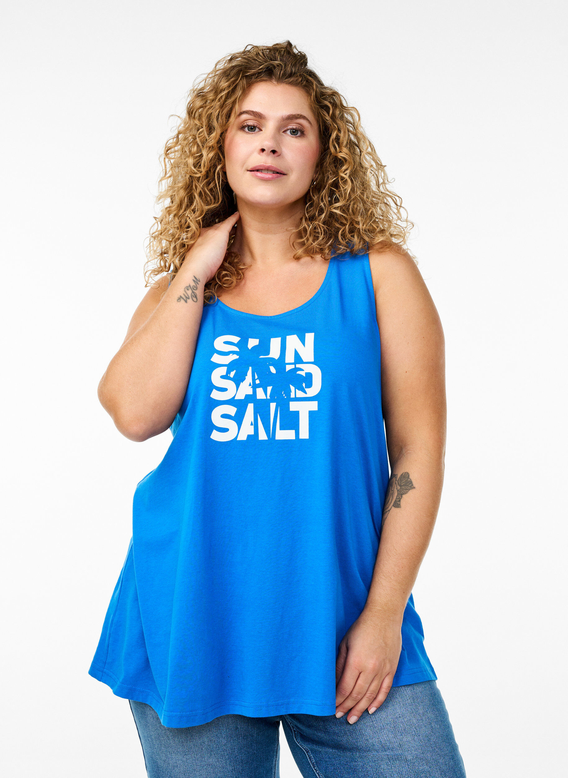 Zizzi Bomullstopp med A-form, Bl&aring;, Model image number 0