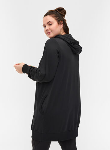 Lang treningsjakke med hette og lommer, Black, Model image number 1