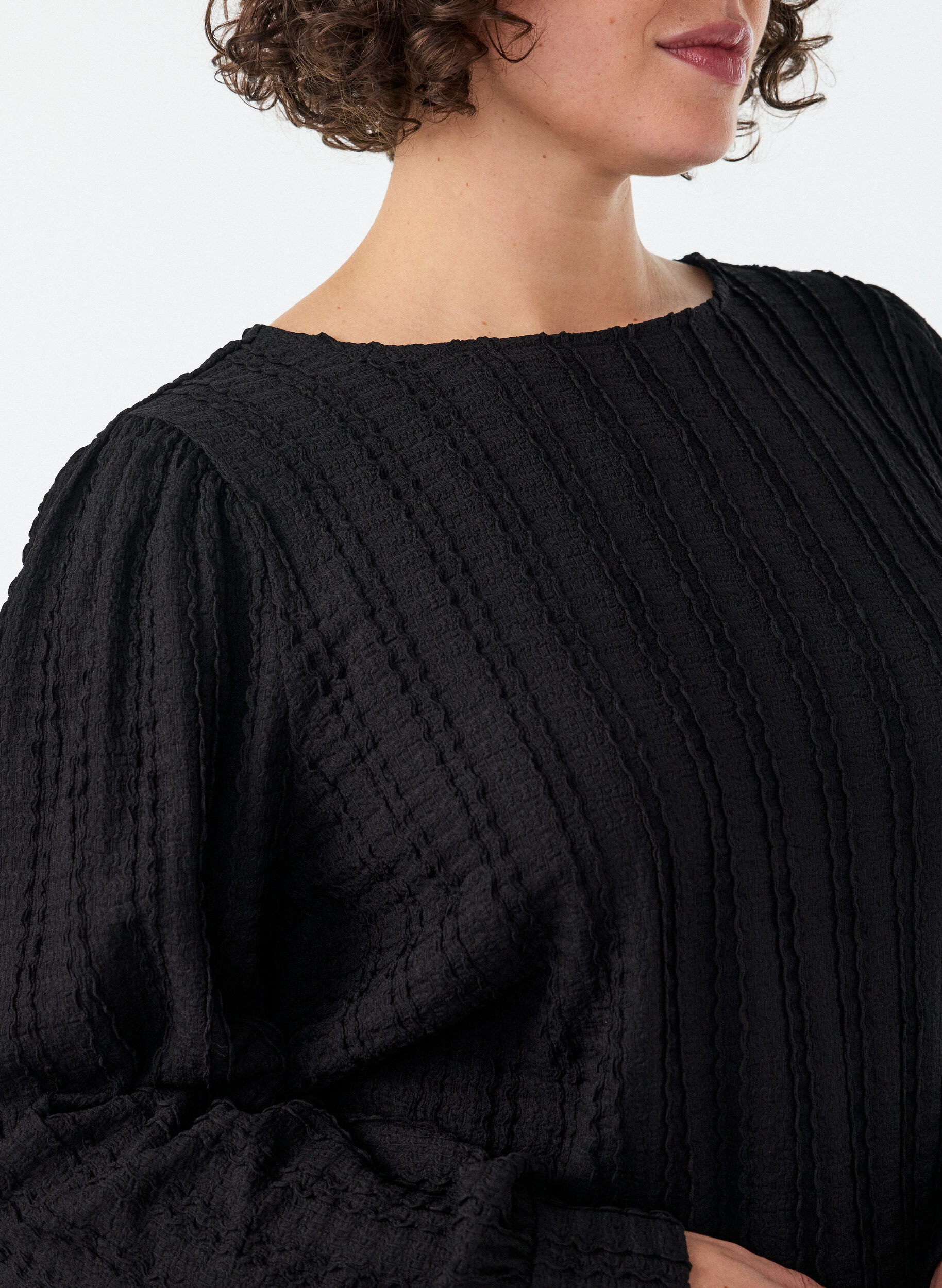 ZizziJerseybluse med struktur og ballongsilhuett, Svart, Model image number 3