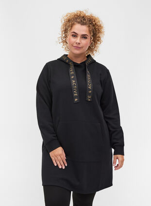 Kjole med hette og lomme, Black, Model image number 0