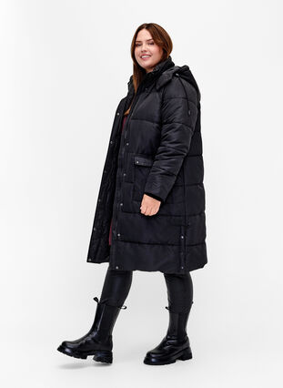 Zizzi Lang Puffer jakke med lommer og hette, Svart, Model image number 1