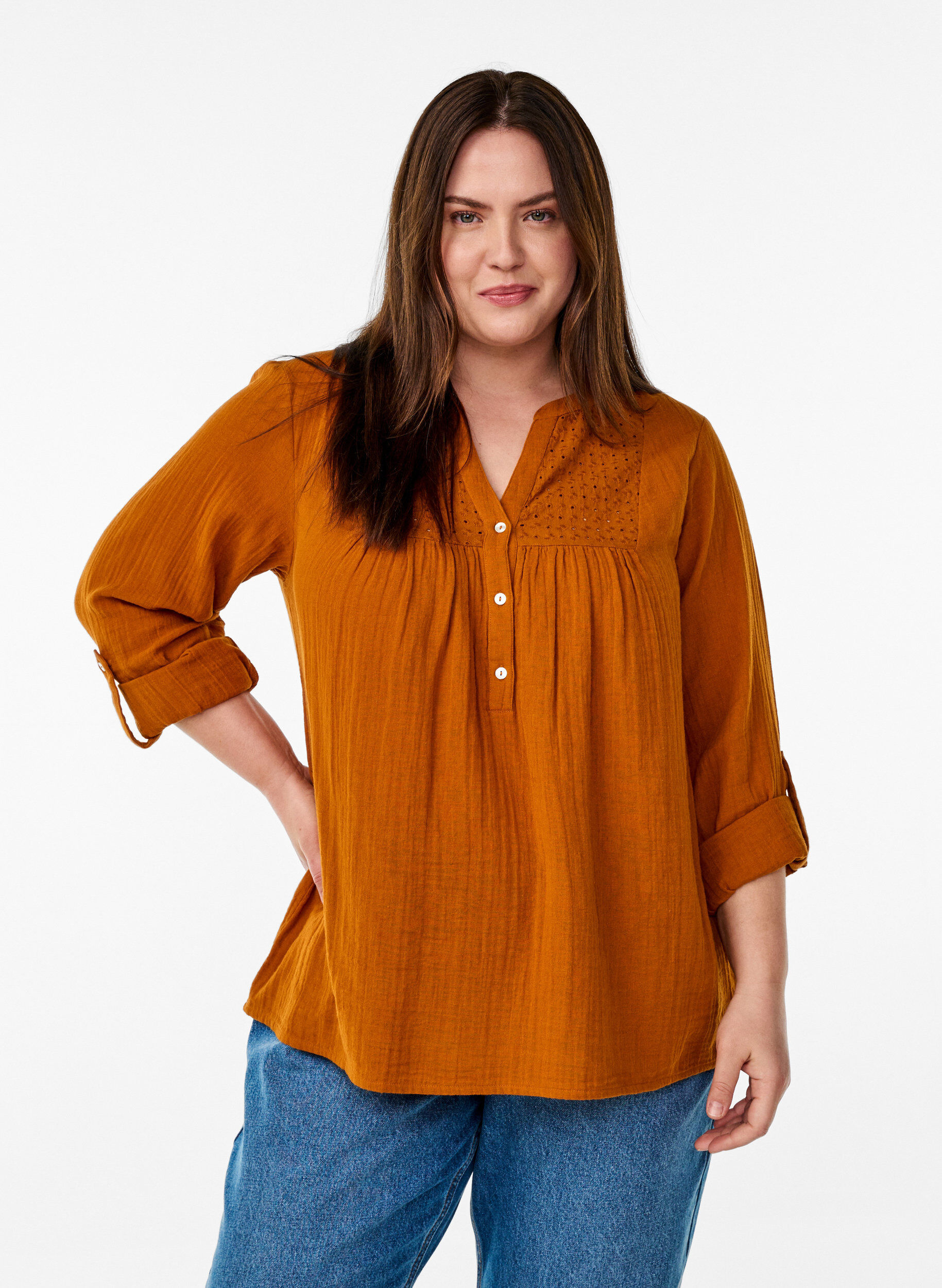 ZizziBluse i bomullsmuslin med broderi anglaise, Orange, Model image number 0