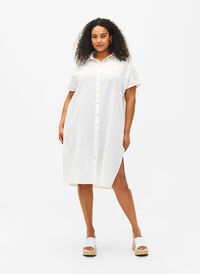 Lang skjorte i bomullsblanding med lin, Bright White, Model