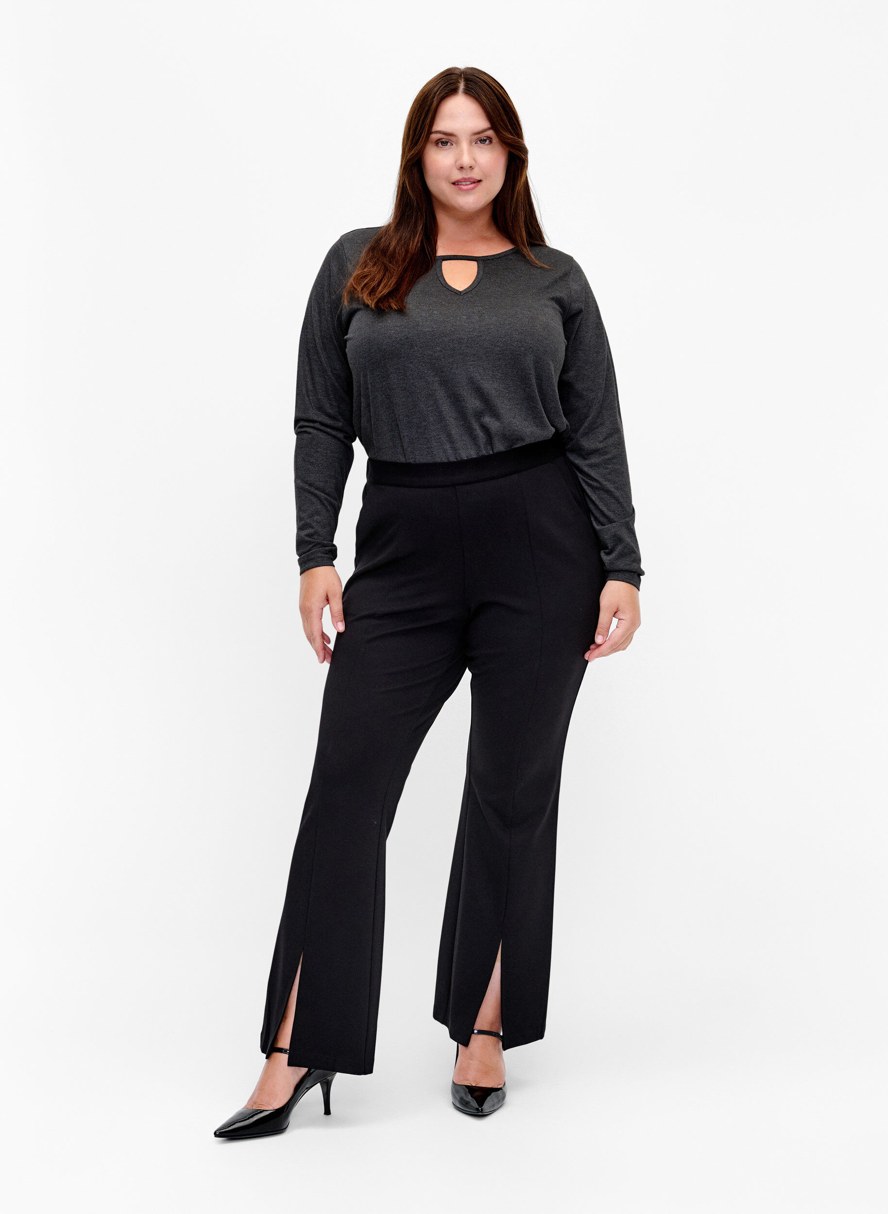 Zizzi Melange bluse med lange ermer, Black Mel. , Model image number 2