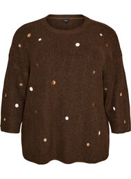 Strikkebluse med sm&aring; broderte motiver, Brun