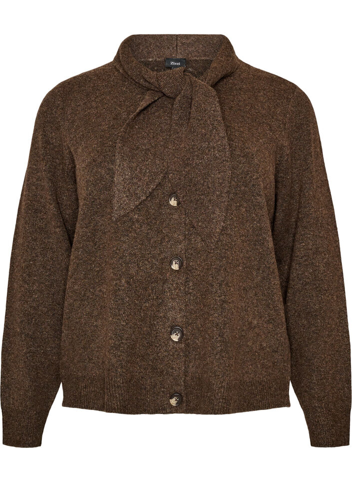 Cardigan med sl&oslash;yfeb&aring;nd og knapper, Brun, Packshot image number 0