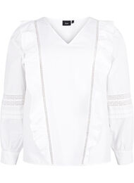 Bluse med ruffles og blondestrikk, Bright White