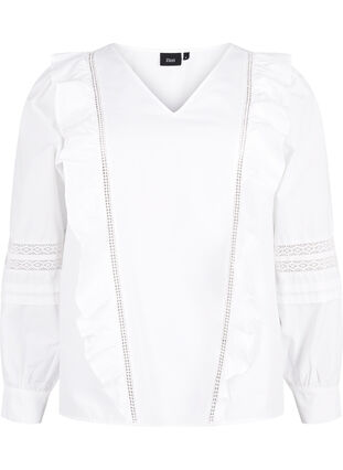 Bluse med ruffles og blondestrikk, Bright White, Packshot image number 0