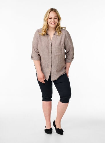 Zizzi Skjorte i lin og viskose med 3/4 ermer, Brun, Model image number 1