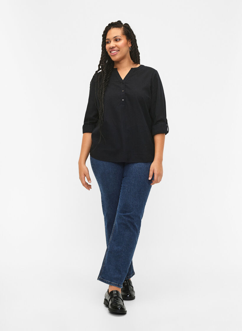 Bomullsbluse med V-hals, Black, Model image number 2