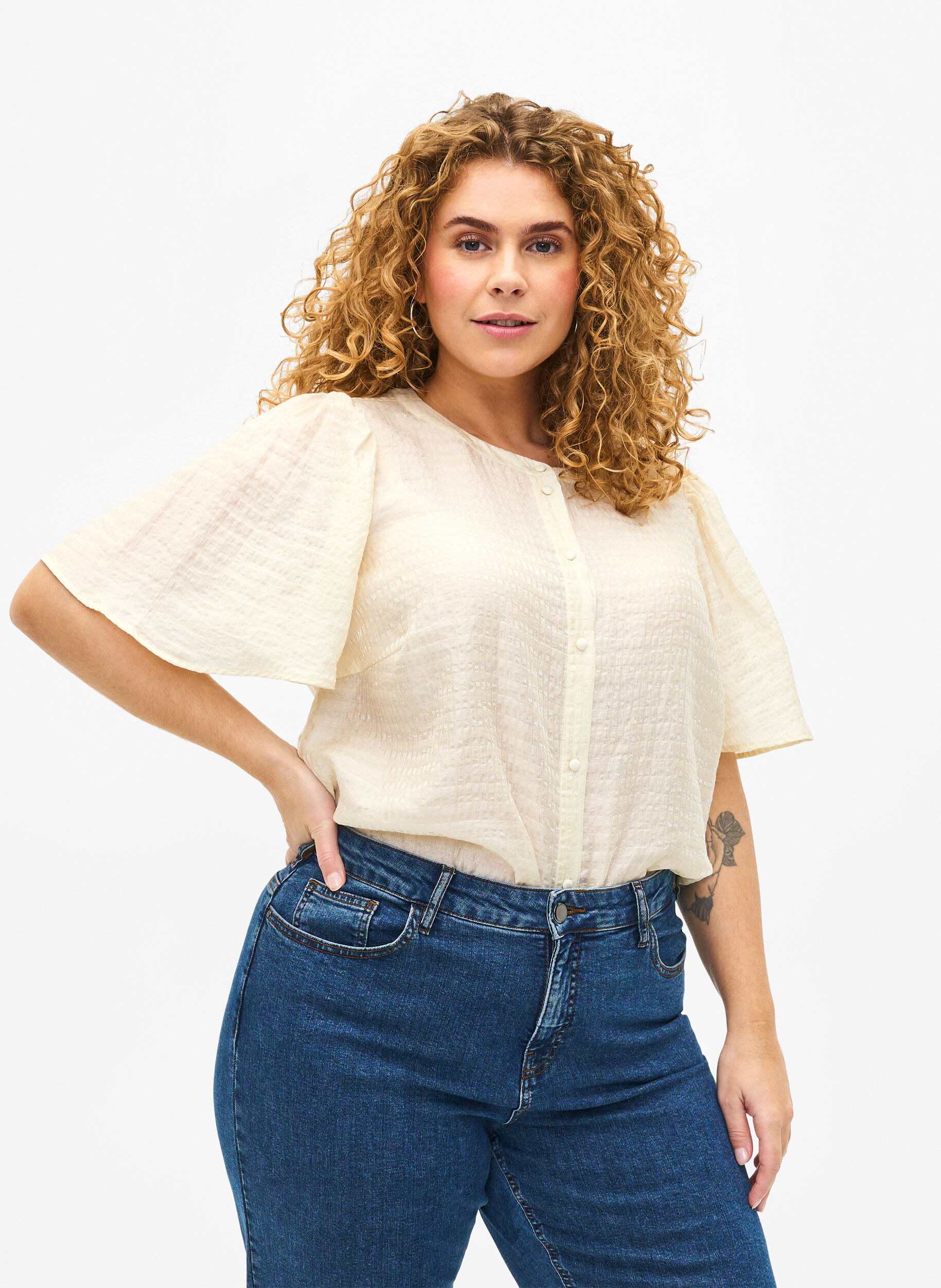 Zizzi Strukturm&oslash;nstret skjortebluse i lyocell, Antique White, Model image number 0