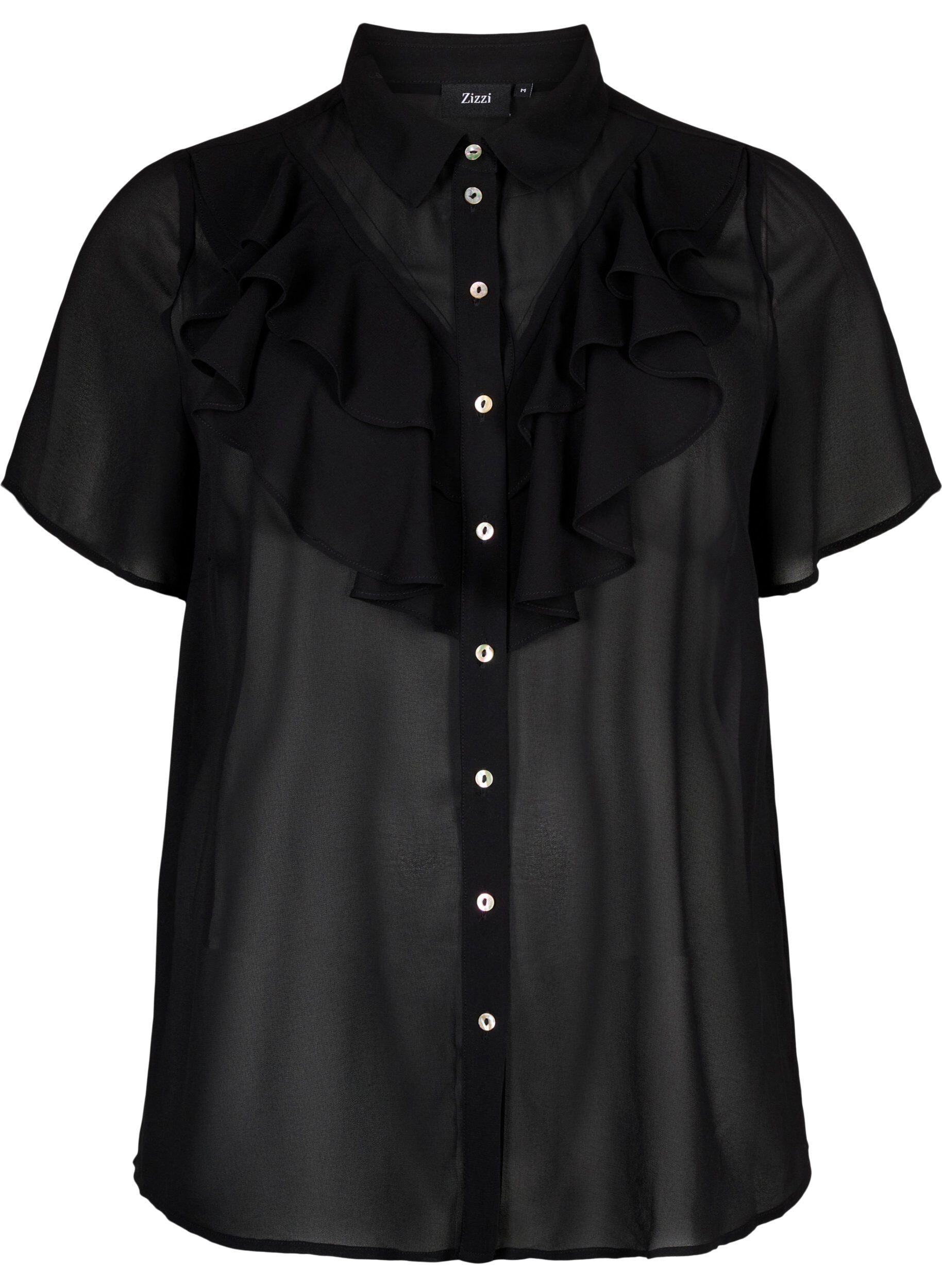 Zizzi Kortermet skjortebluse med volanger, Black, Packshot image number 0