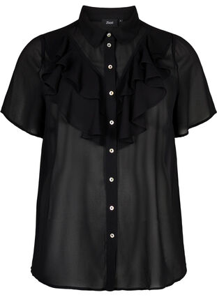 Kortermet skjortebluse med volanger, Black, Packshot image number 0