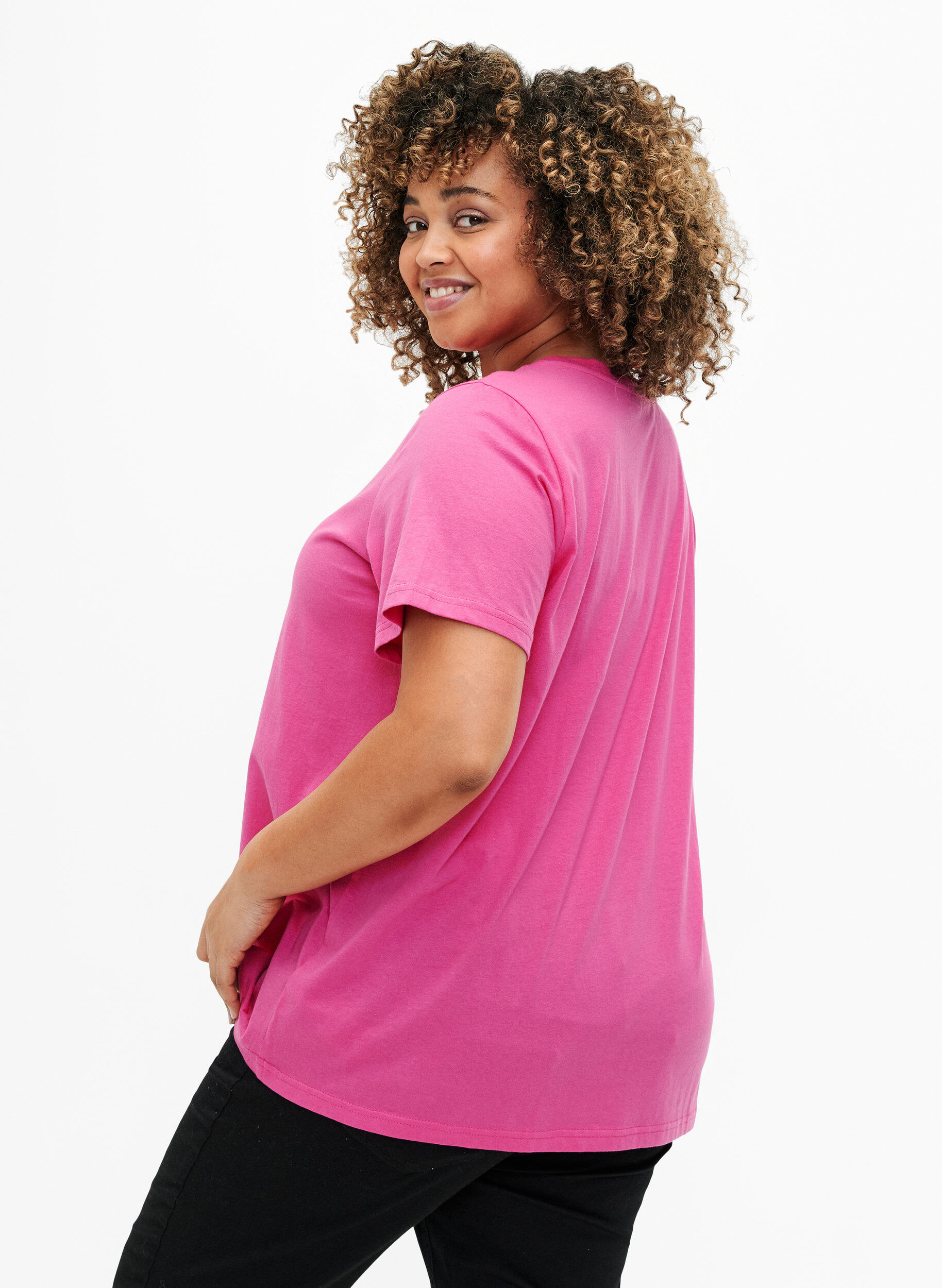 Zizzi T-skjorte i bomull med gullfarget tekst, R.Sorbet w.Gold Love, Model image number 1