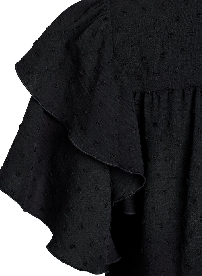 Kort kjole med rysjermer og prikkete tekstur, Black, Packshot image number 3
