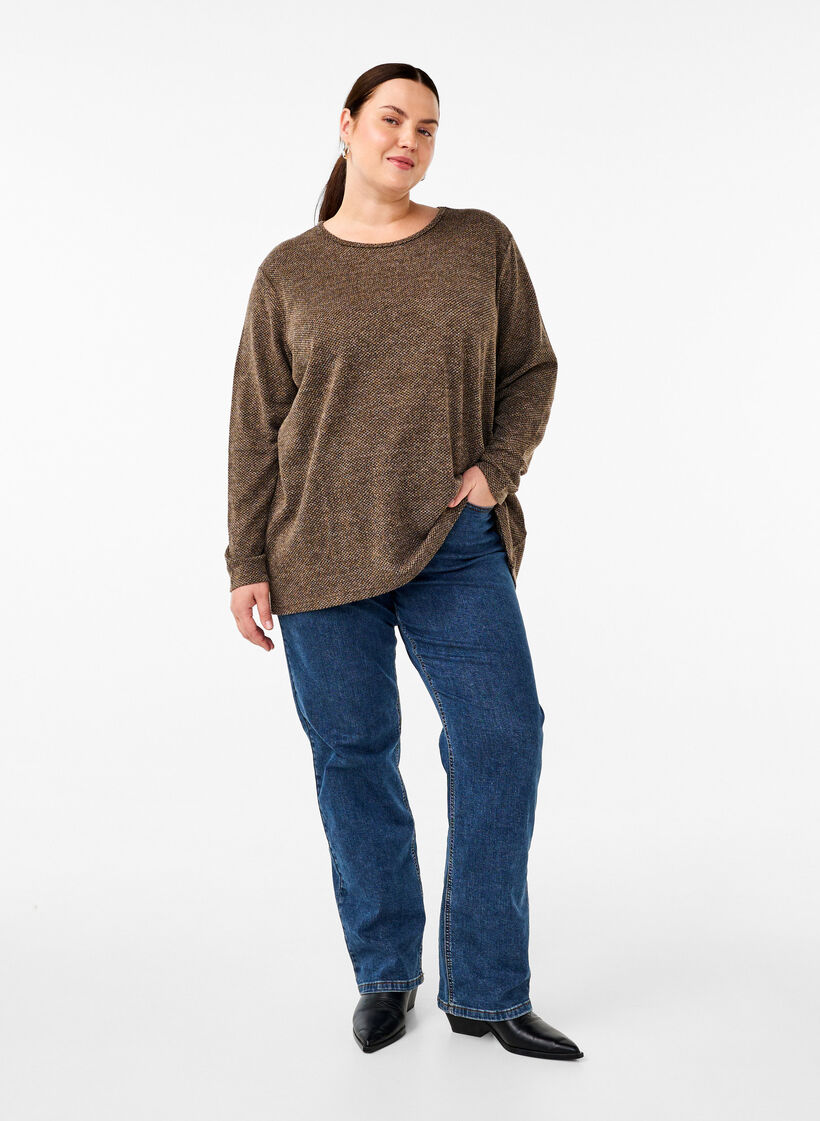 Melange Bluse med rund hals og lange ermer, Caribou, Model image number 2