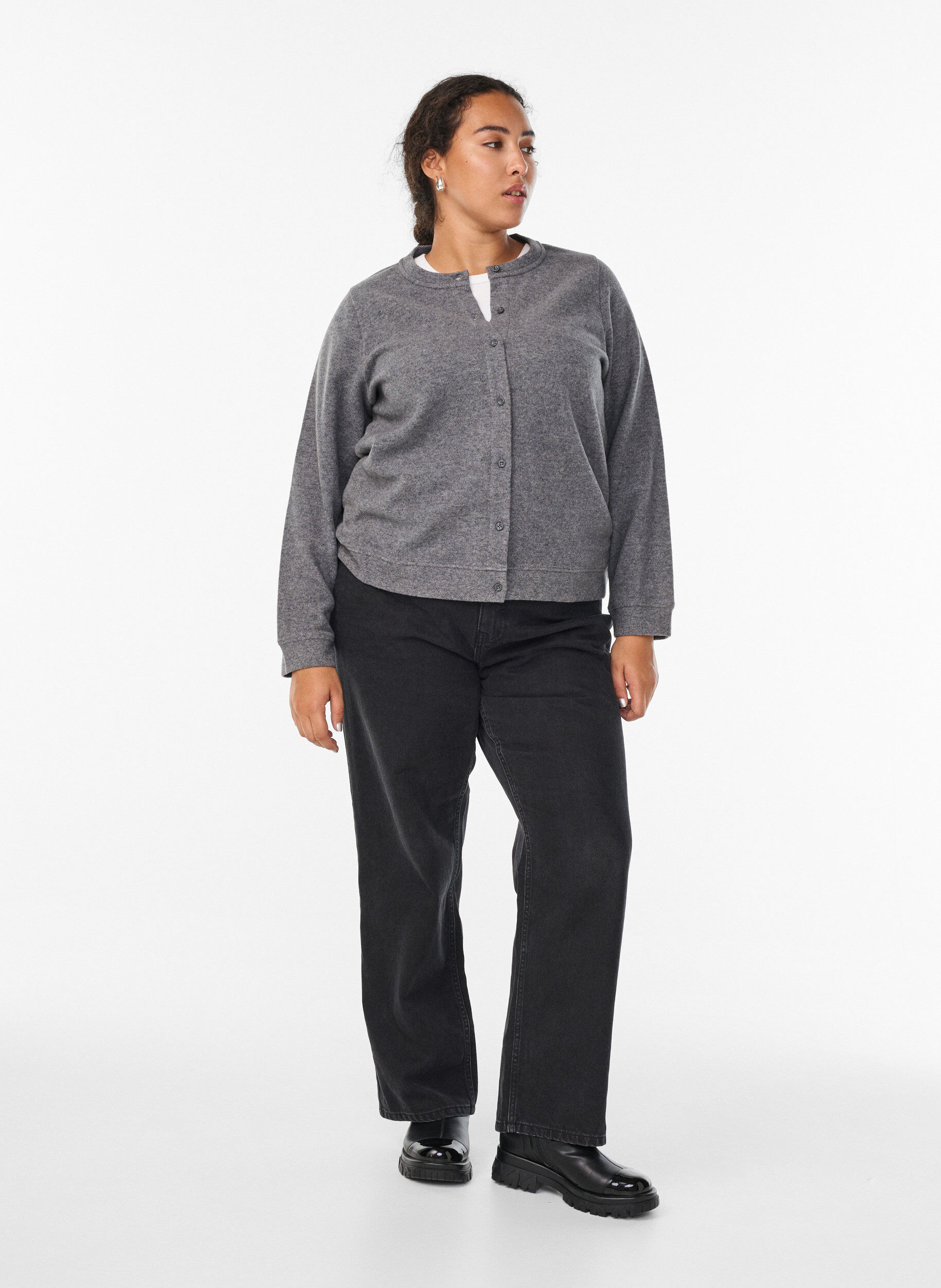 Zizzi Jersey cardigan med rund hals og knapper, Gr&aring;, Model image number 1