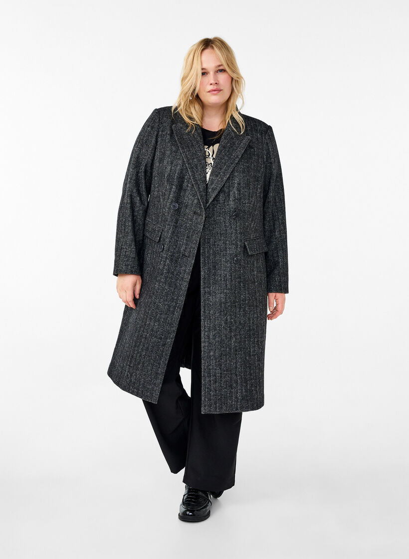 Lang ullkåpe med fiskebeinsmønster, Dark Grey Melange, Model image number 2