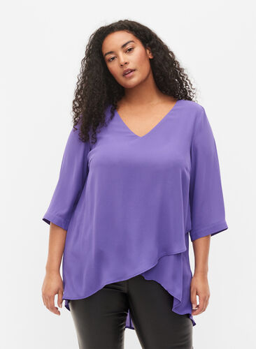 Bluse med 3/4-ermer og V-hals, Ultra Violet, Model image number 0