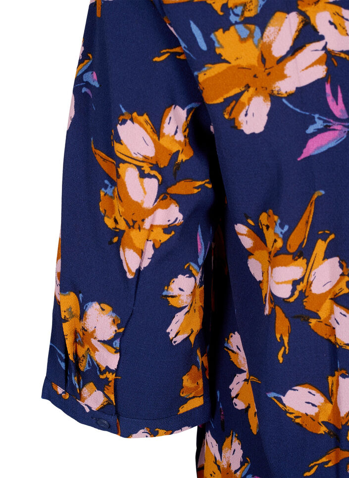 Blomstret bluse med 3/4-ermer, Peacoat Flower AOP, Packshot image number 3