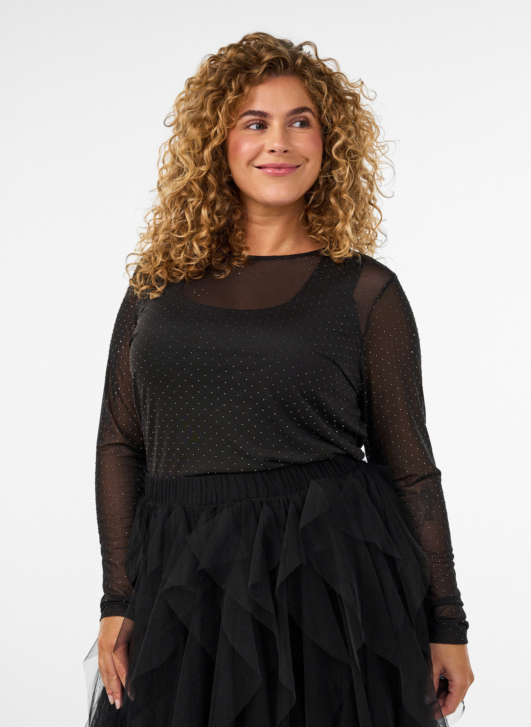 Gjennomsiktig meshbluse med rhinesteiner, Svart, Model