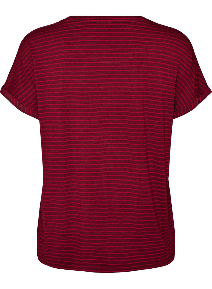 Stripete T-skjorte i viskose med rund hals, R&oslash;d, Packshot image number 1