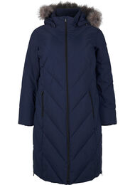 Lang vinterkåpe med kroklukking og en imitert pelskrage, Navy Blazer