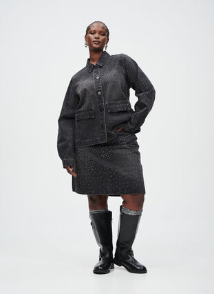 Zizzi Kort denimskjørt med rhinsteiner, Grey Denim, Image image number 0