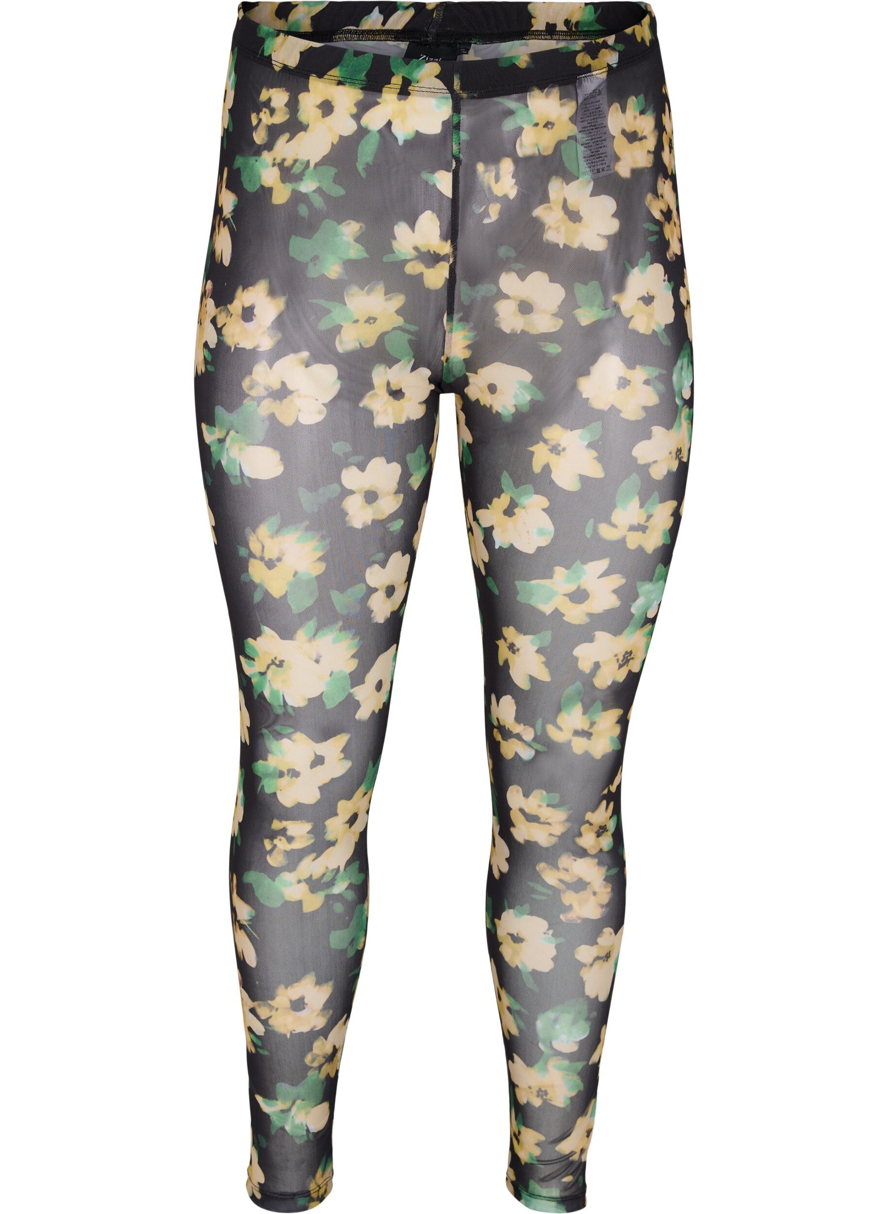 Zizzi Leggings med mesh og blomsterm&oslash;nster, Yellow Green AOP, Packshot image number 0