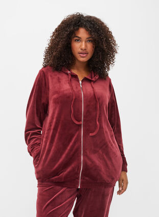 Velourcardigan med glidelås og hette, Cabernet, Model image number 0