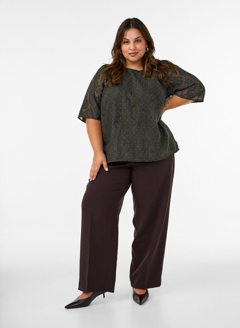 Jacquard bluse med glitrende detaljer og puffede ermer, Gr&oslash;nn, Model image number 1