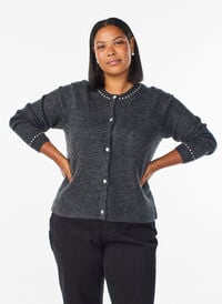 Cardigan med rhinesteiner og dekorative knapper, Grå Cardigan med rhinesteiner og dekorative knapper, Grå, Model