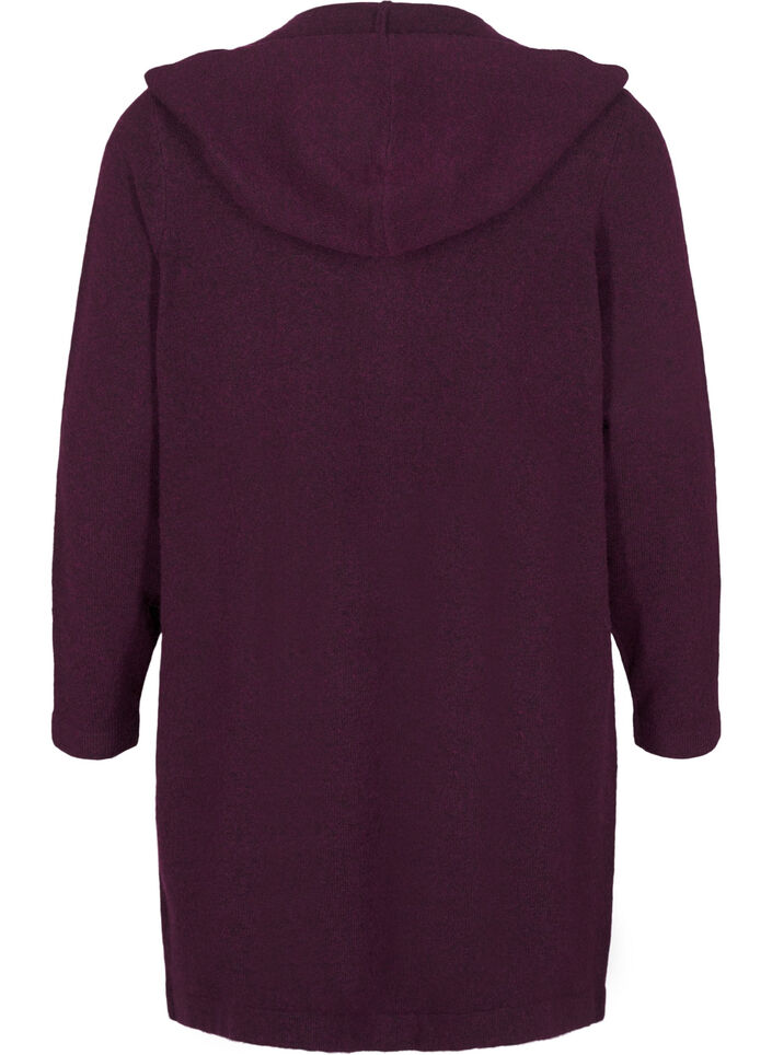 Lang strikket cardigan med ull og hette, Potent Purple Mel., Packshot image number 1