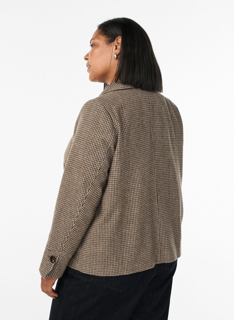 Kort blazer med dobbeltradede knapper, Brown Check , Model