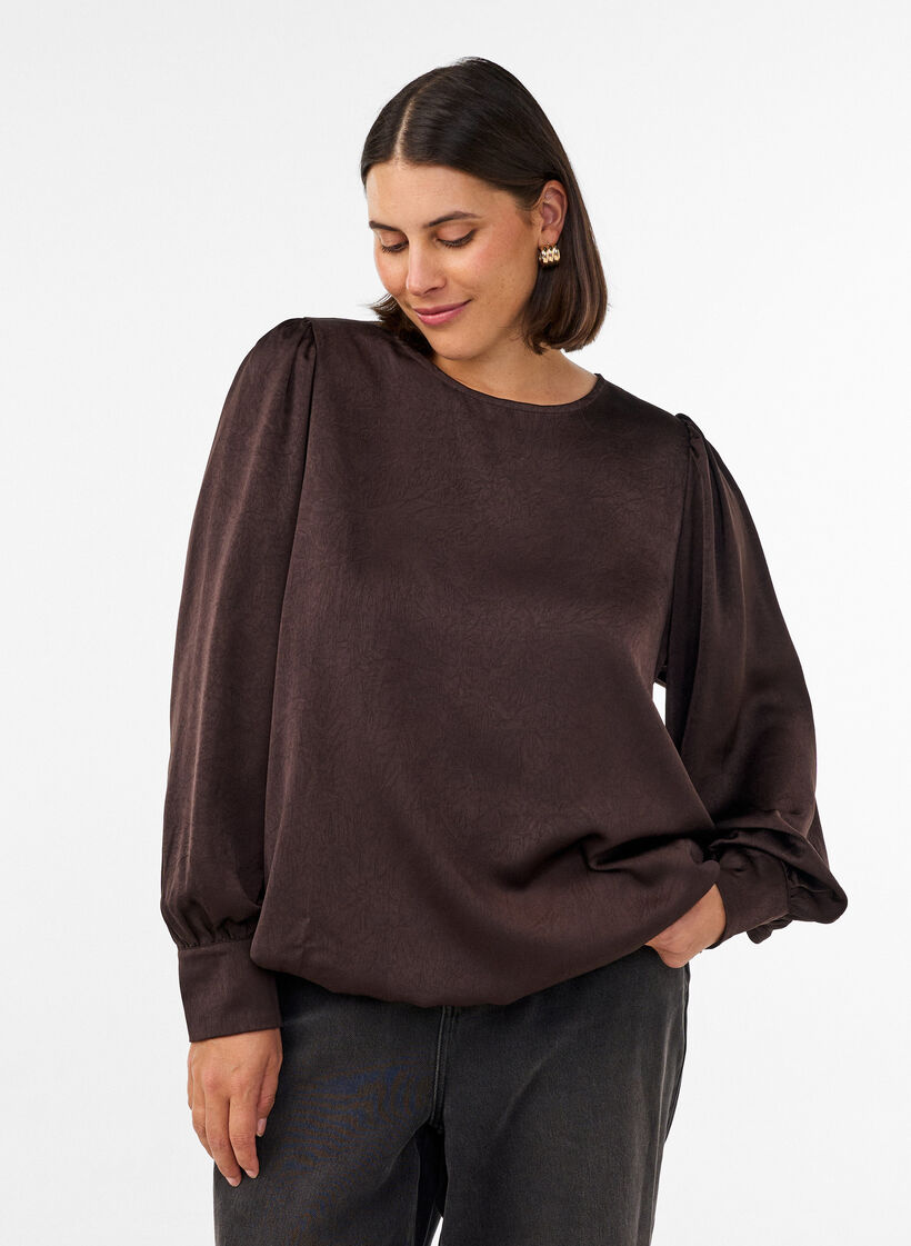 Bluse med satenglook og ballongfasong, Brun, Model image number 0