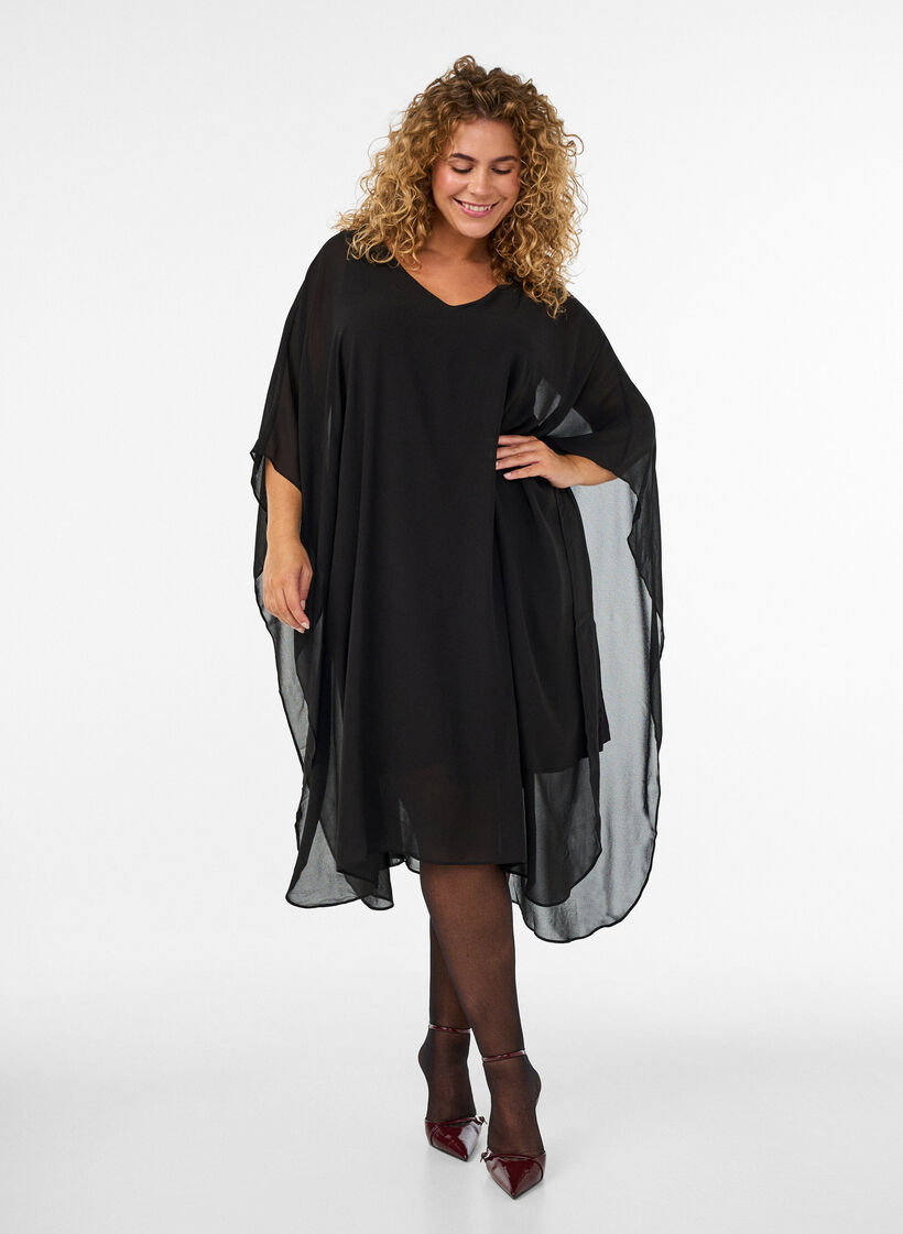 Kort chiffonkjole med V-hals, Svart, Model image number 0
