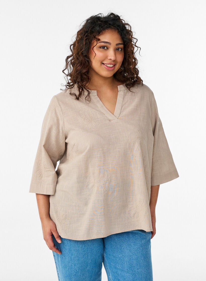 Bluse i bomull med broderte detaljer og 3/4 ermer, Beige, Model image number 0