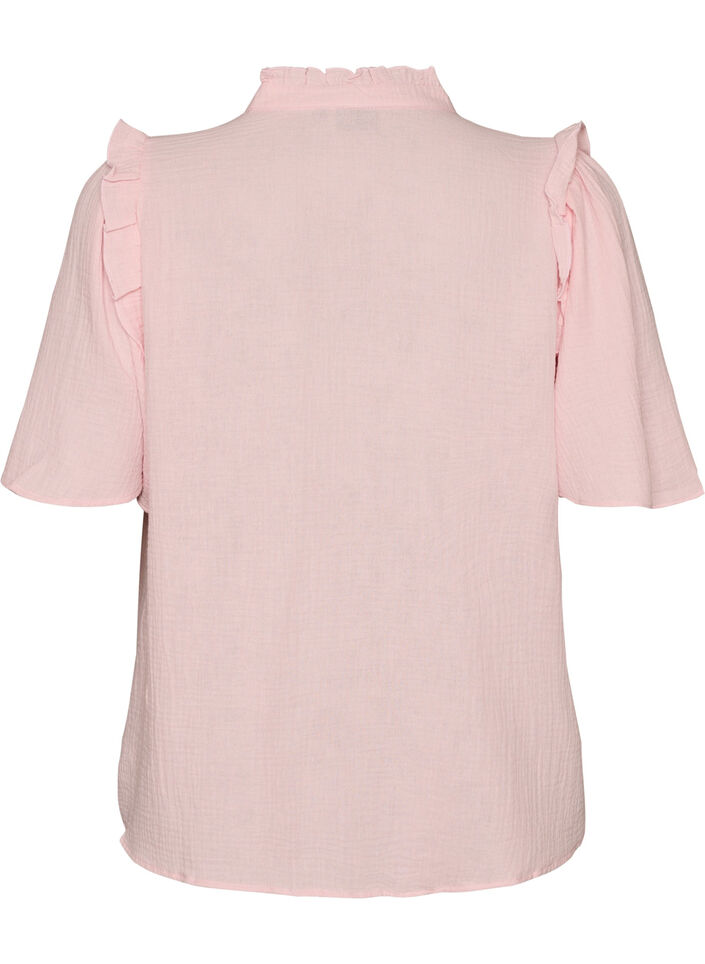 Bluse i bomullsmusselin med broderie anglaise og 1/2 ermer, Rosa, Packshot image number 1