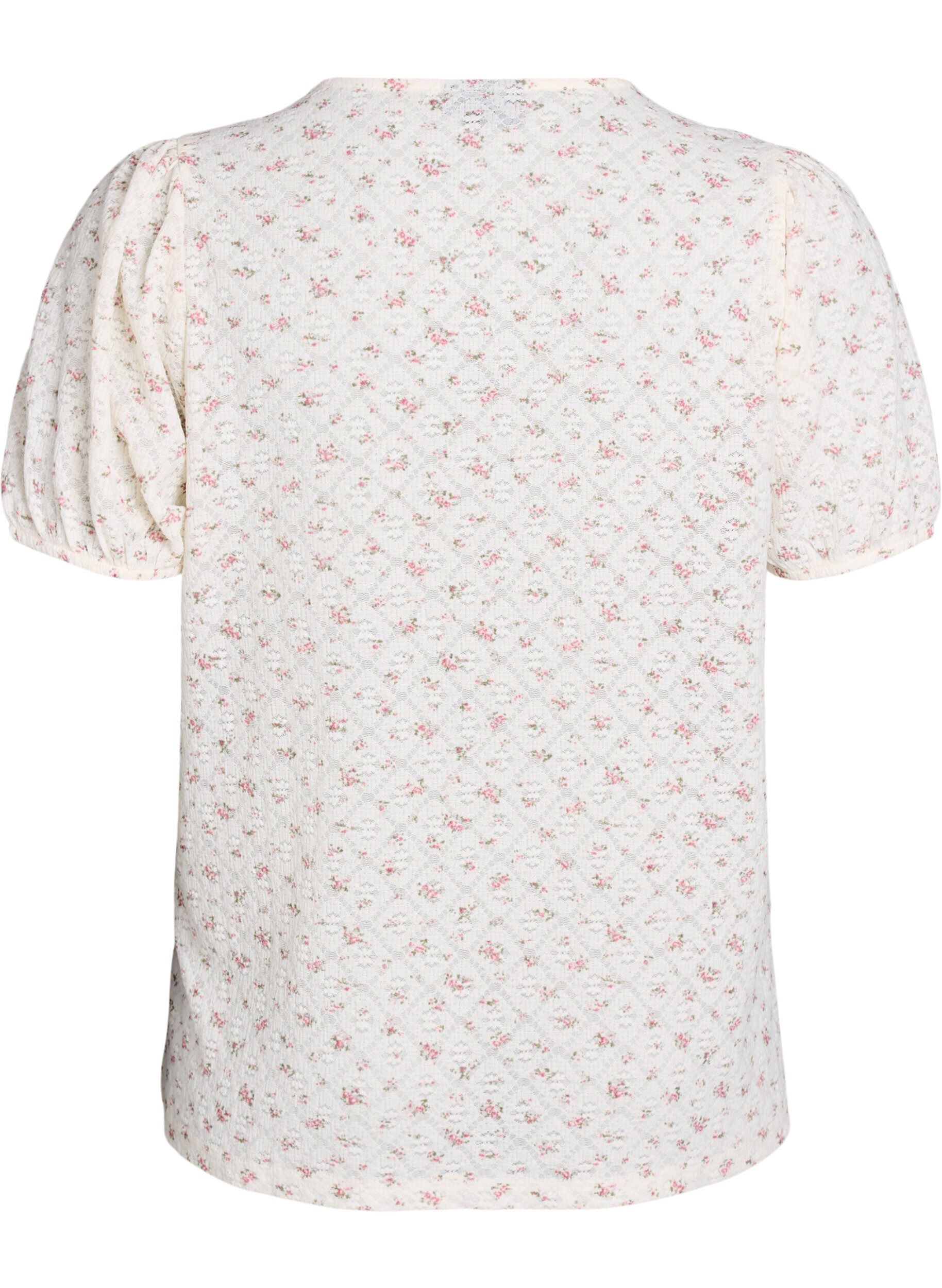Zizzi Kortermet jerseybluse med blomstertrykk, Hvit, Packshot image number 1