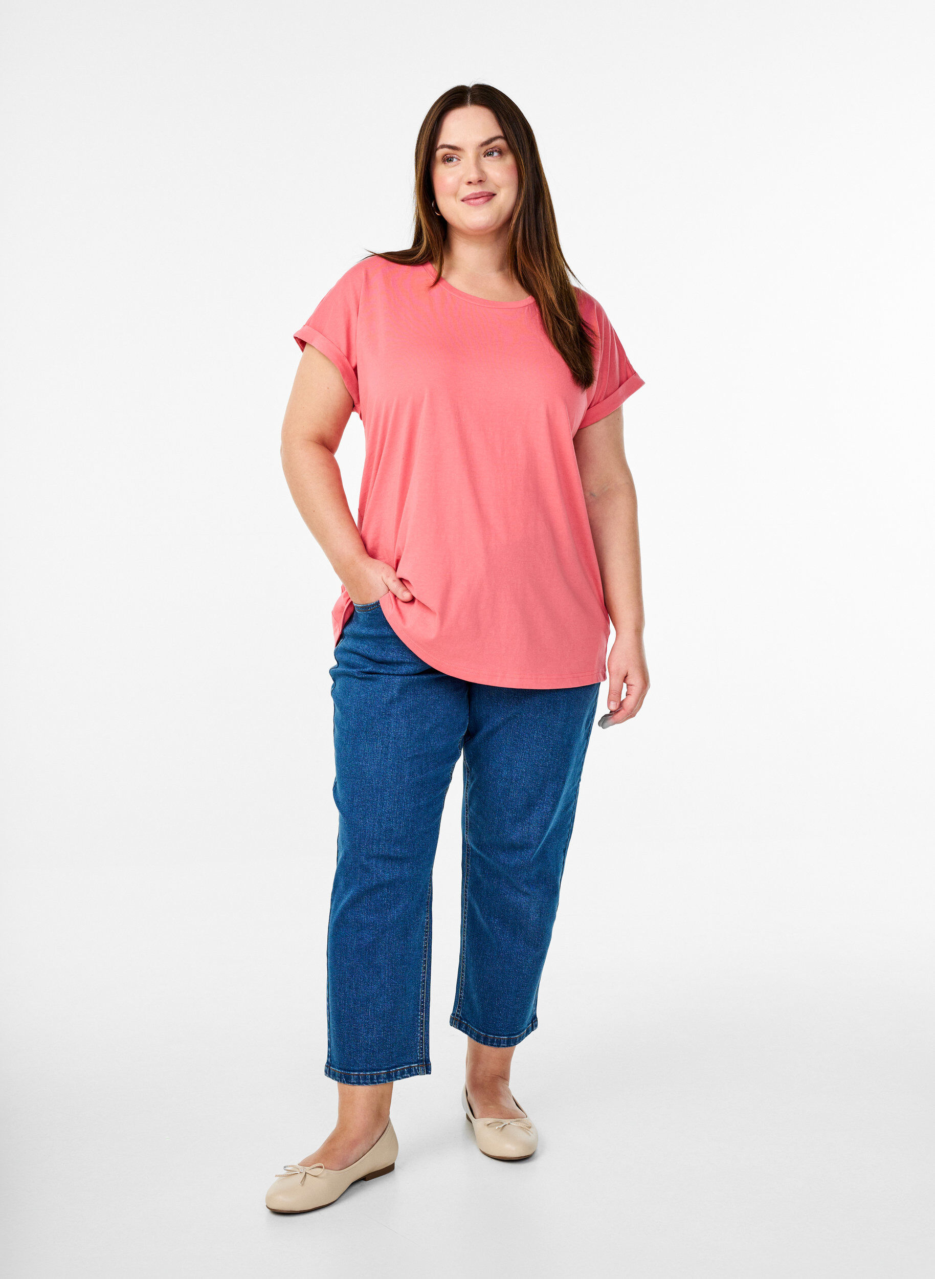 ZizziKortermet T-skjorte i bomullsblanding, Rosa, Model image number 1