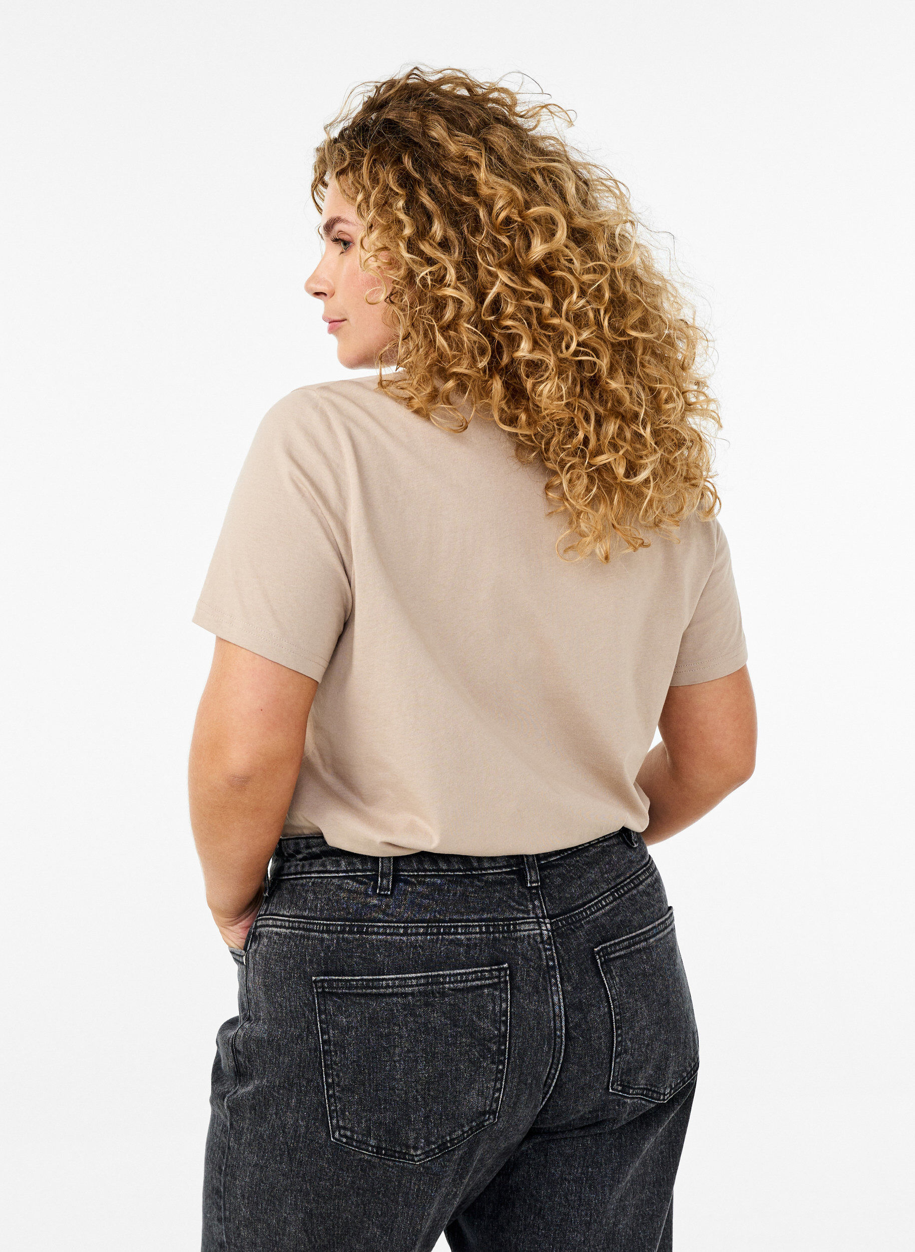 ZizziBasic T-skjorte i bomull med rund hals, Beige, Model image number 2