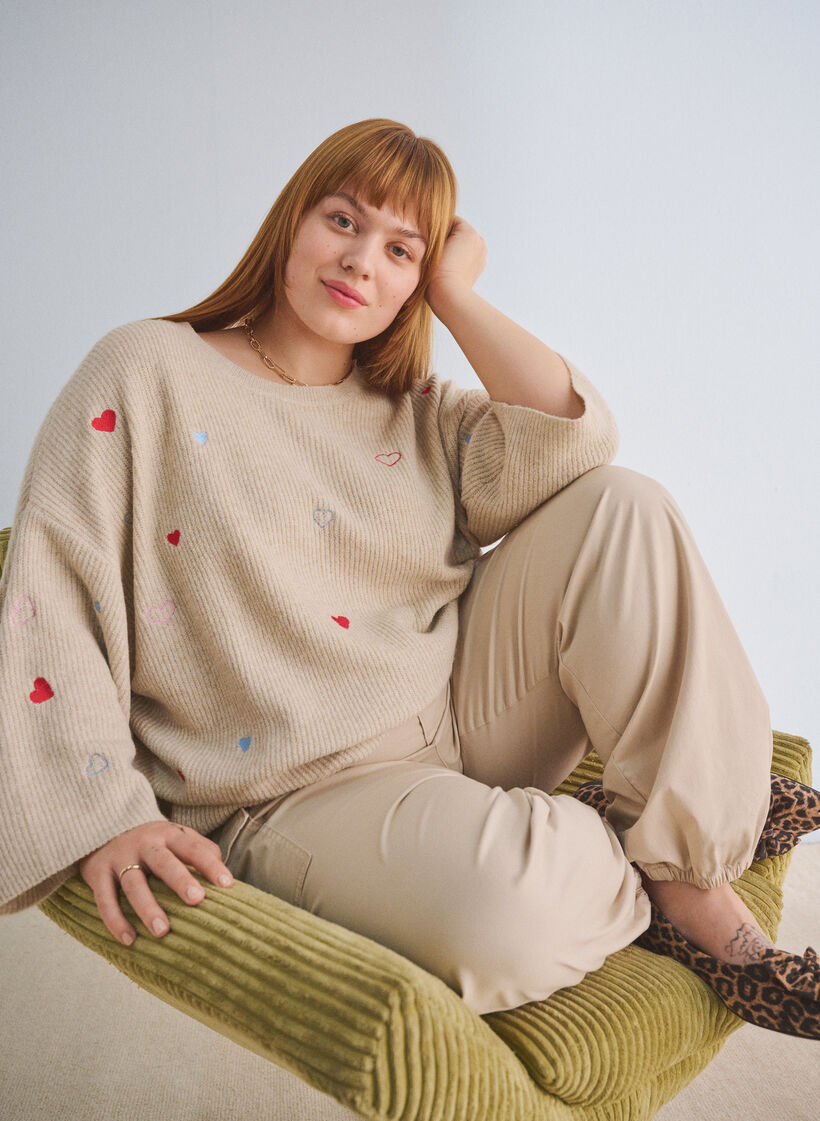 Strikket bluse med hjerter og 3/4-ermer, Beige, Image image number 0