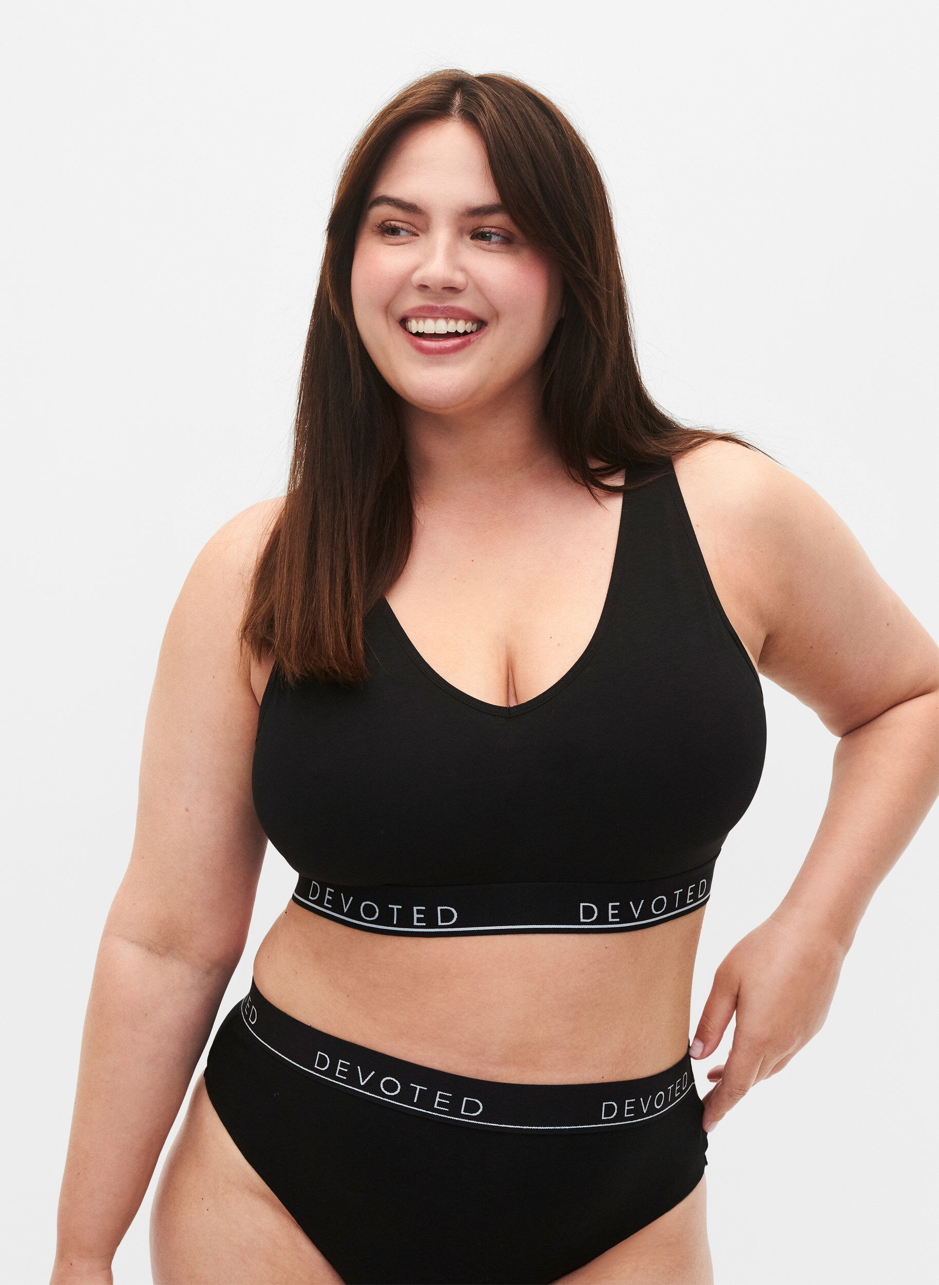 Bomulls-bh med V-hals og teksttrykk, Svart, Model